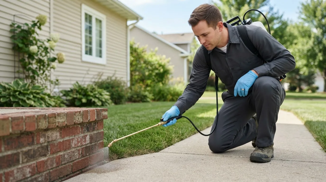 Pest control technician treating a home near Rowan, IA