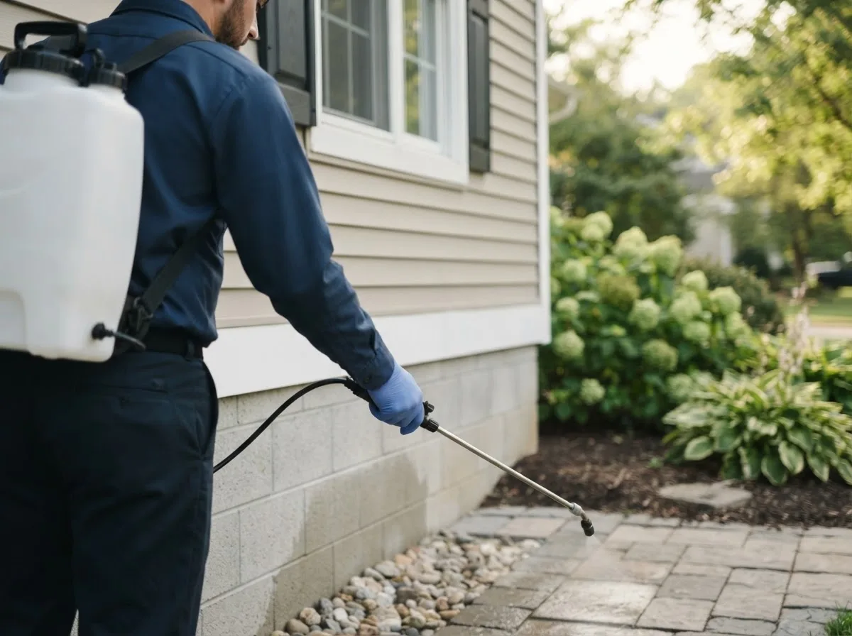 Pest control technician inspecting a home in Rowan, IA